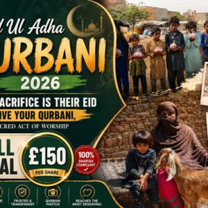 Poster advertising Eid Ul Adha Qurbani 2026 charity campaign with kids holding gift bags and a goat nearby, and price £150 per share; text-heavy left panel.
