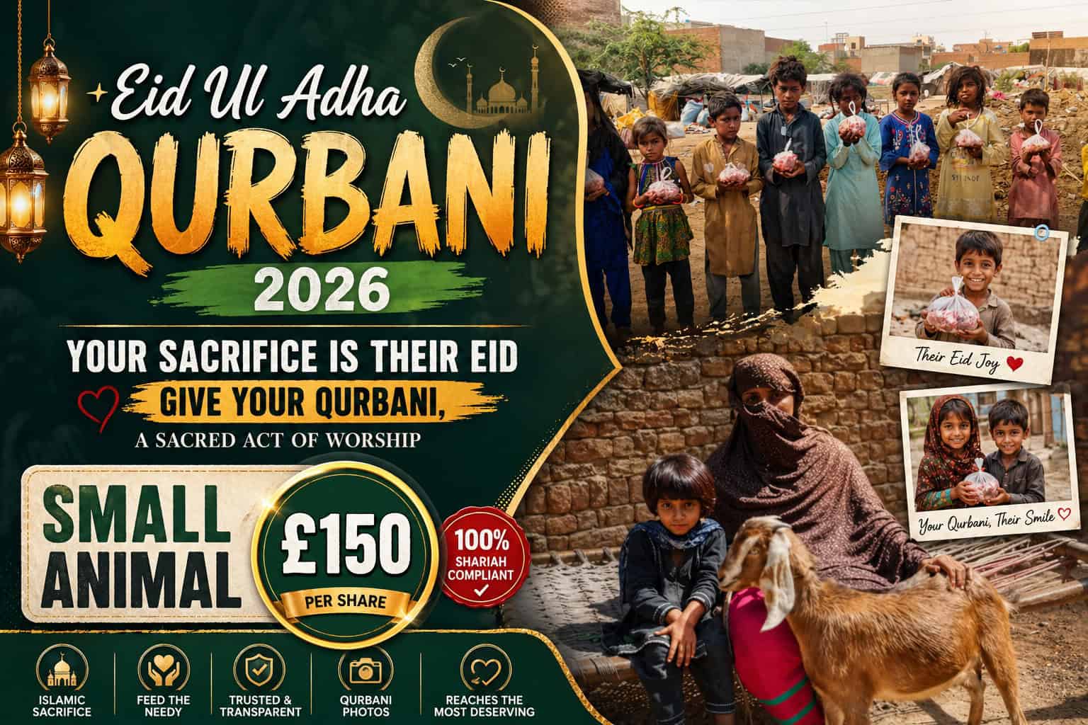 Poster advertising Eid Ul Adha Qurbani 2026 charity campaign with kids holding gift bags and a goat nearby, and price £150 per share; text-heavy left panel.