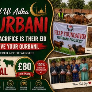 Green Eid Ul Adha poster promoting Qurbani with bold red 'QURBANI' typography and 'Share Animal' call-to-action; £80 per share.